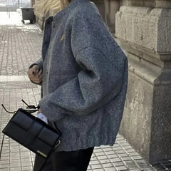 Lizakosht Grey Coat Women Casual With Button Solid Long Sleeve Jackets Coats Woman Fashion Loose Winter Warm Jacket