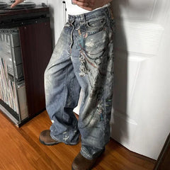 LIZAKOSHT  -  Fashion Women Washed Denim Cargo Pants Pockets Chain Print Straight Jeans Loose Trousers Cool Hiphop Lady Baggy Pants Streetwear