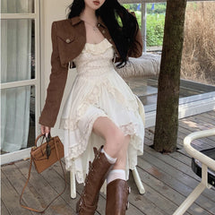 LIZAKOSHT - Autumn New Korean Lace Splicing Irregular Sexy Solid Color Sling Dress Women + Casual Long-sleeved Jacket Two-piece Suit