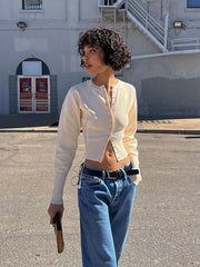 LIZAKOSHT - Solid Color Knitted Women's Cardigan Round Neck Single Breasted Slim Fit Short Sweater Fashion Casual Long Sleeve Women Sweaters