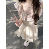 LIZAKOSHT - Floral Print Mini Dress Women's French Style Puffy Sleeve Fresh Gentle Short Skirt Pure Desirable Sexy Casual Daily Wear
