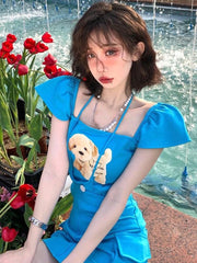 LIZAKOSHT - Japanese Kawaii 2 Piece Skirts Sets Women Short Sleeve Y2k Crop Tops Blouse + Blue Mini Skirt Even Party Vintage Clothing Summer