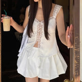 LIZAKOSHT - New Fashion White Satin Spliced Lace Strap Camis Women Summer Front See Through Open Buttons Tank Tops V neck Crop Top Holiday