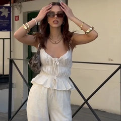 LIZAKOSHT - Solid Color Ruched Bandage V-neck Spaghetti Strap Tops and Wide Leg Long Pant Y2K Summer Casual New Women 2 Piece Sets