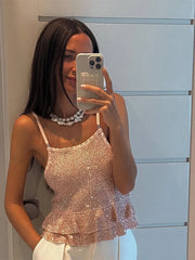 LIZAKOSHT - Knitted Sequins Ruffled Hem Vest Top Women Sleeveless Backless Loose Sexy 2025 Summer Tank Beach Street Fashion Lady Tops