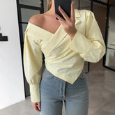 LIZAKOSHT - Office Lady Fashion French Temperament Shirts Y2k Eelgant Off The Shoulder Cross Draped Casual Clothes Lrregular Commuter Blouse