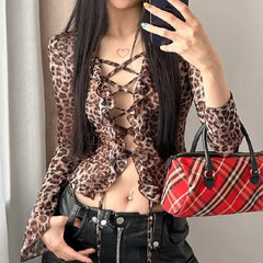 LIZAKOSHT - Tops High Quality Leopard Mesh Chiffon Lace-Up V Neck Long Flare Sleeve Print T-Shirt Blouse Femme Women Fashion Loose Tops