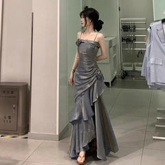 LIZAKOSHT - Women's Luxury Slim Mermaid Dress Spaghetti Strap Ruffles Elegant Vintage Sexy Evening Party Maxi Dresses Traf Wedding Guest