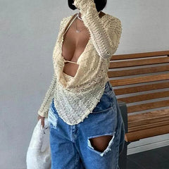 LIZAKOSHT  -  Hollowed Out Swinging Collar Long Sleeve Hot Sexy Streetwear T-shirt Spring Fall Asymmetric Skinny Ladies Knitted Top Clubwear