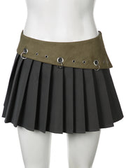 LIZAKOSHT - Dark Patchwork A-Line Pleated Skirt Gothic Mid-Waisted Mini Skirts Women Autumn Winter Fashion Streetwear Ladies
