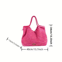 LIZAKOSHT - Striped Tote Bag For Women Cute Travel Plush Simple Shoulder Bag Fluffy Large Capacity Handbag For Winter