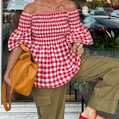 LIZAKOSHT - Peplum Blouse 2024 Summer Clothes Red Plaid Print Half Puff Off Shoulder Ruched Shirt y2k Aesthetic Clothing Streetwear
