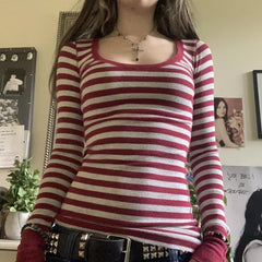 LIZAKOSHT - Women Y2k Grunge Striped Long Sleeve Tops Crew Neck Fall Slim Fit T Shirts 2000s Gothic Harajuku Aesthetic Tee Tops