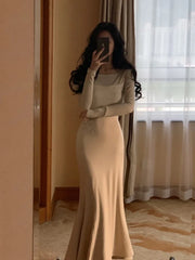 LIZAKOSHT - Elegant Solid Embroidery Long Dress Women Spring Autumn Package Hip Mermaid Knitted Vestidos Ladies Evening Party Robe New