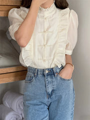 LIZAKOSHT - Chinese Style Shirts Women Stand Ruffles Gentle Slim New Summer Vintage Office Lady Half Sleeve Elegant