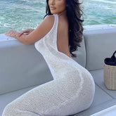 LIZAKOSHT  -  Simple Fashion Solid Slim Cover Up Dress Women Sexy O Neck Backless Hollow Long Dress Summer Sleeveless Beach Boho Dress Vestido