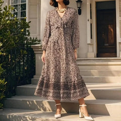 LIZAKOSHT - Floral Print Long Dress Women 2025 New Summer Elegant Loose V-neck Lace Up Midi Dresses Vintage Chic Boho Casual Party Dresses