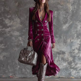 LIZAKOSHT - Elegant Women Velvet Lapel Double Breasted Long Sleeve Slit Midi Dress Autumn Winter Solid Color Slim Fit Female Party Dress