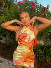 LIZAKOSHT  -  Print Halter Short Dress Hanging Neck Pile Collar Slim Fit Silk Satin Sexy Backless Beach Women Wrap Hip Vest Dresses Summer New