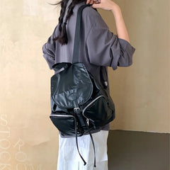 LIZAKOSHT - New Casual Silver Backpack Women Korean Flip Drawstring Large Capacity Backpacks Fashion Simple Travel College Student Bags