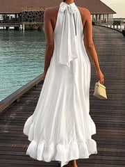 LIZAKOSHT - Fashion Irregular Sleeveless Halter Evening Dress Sexy Women Solid Color Loose Party Dress Elegant Off Shoulder Pleat Long Dress