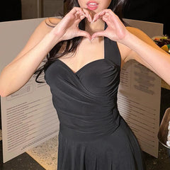 LIZAKOSHT - Elegant Women's Clothing Halter Low Cut Mesh Patchwork Sleeveless Backless Tight Long Dresses Folds High Waist Club Vestidos