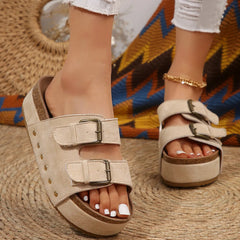 LIZAKOSHT - Women Vacation Sandals Retro Open Toe Thick Bottom Slippers Leopard Print Belt Buckle Non-slip Lightweight Large Size Shoes