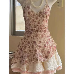 LIZAKOSHT  -  2-Piece Set Party Dresses Sexy Sling Y2K Sweet Goth Lolita Punk V-Neck Vintage Lace Backless Ball Gown Harajuku Korea Emo 2000s