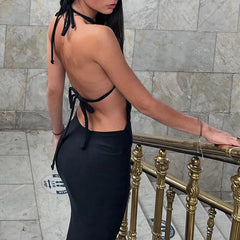 LIZAKOSHT - U Neck Women's Sleeveless Backless Lace Up Low Waist Split Hollow Out Maxi Dress Strappy Black Summer Evening Party Vestidos