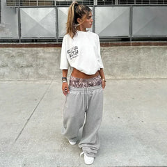 LIZAKOSHT - Fashion Women Double Waist Straight Pants Printed Patchwork Waist Drawstring Sweatpants Loose Casual Trousers Streetwear