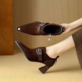 LIZAKOSHT - New Women HIgh Heeled Naked Boots/Booties,Ankle Botas Pointed Toe,Front Buckle Strap.Side Zip,Brown,Black,Dropship