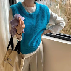 LIZAKOSHT  -  Women Cute Sweater Vest Basic Solid Color Warm Knit Tank Tops Sleeveless Pullover Knitwear For Women Spring Streetwear