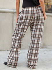 LIZAKOSHT - Vintage Brown Plaid Pants for Women Sweet Casual Chic Trousers Y2K Streetwear Loose Bottoms Fashion Harajuku HomePants