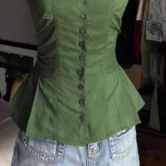 LIZAKOSHT - Y2k Short Blouses V Neck Solid Green Spring Summer Vintage Women Shirts Japanese Style Versatile Blusas Mujer