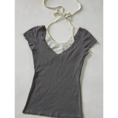LIZAKOSHT - American Vintage Halter Grey Short-sleeved Tops Women Summer Slim Sexy Retro T-shirt Casual Basic Popular Chic Tees