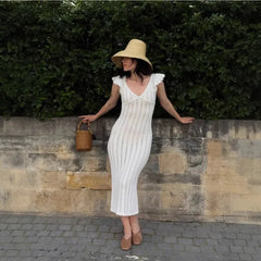 LIZAKOSHT  -  Temperament Ruffle Knit Dress Sexy V Neck Sleeveless Backless Sexy Knit Long Dress Elegant Luxury Y2k Women's Evening Dresses