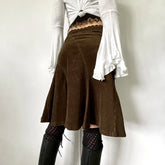 LIZAKOSHT - Vintage Brown Corduroy Midi Skirt Women Lace Patchwork Fashion A-Line Autumn Skirts Party Elegant Stitching Bottoms