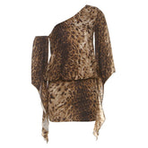 LIZAKOSHT - Street Style Women's Sexy Stylish Leopard Printed Irregular Long Flare Sleeves One-shoulder Backless High Waist Short Dress