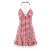 LIZAKOSHT - Sexy Red White Plaid Spliced Lace Lacing Up Bow Halter V Collar Mini Dress Women Ruffles Hem A-line Short Dresses Robe Vestidos