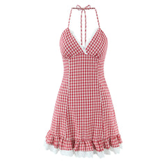 LIZAKOSHT - Sexy Red White Plaid Spliced Lace Lacing Up Bow Halter V Collar Mini Dress Women Ruffles Hem A-line Short Dresses Robe Vestidos