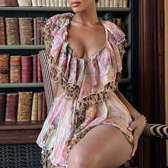 LIZAKOSHT - Chic Irregular Floral Print Female Short Dress Summer Double V Backless Mini Dress Women Sexy Waist Hollow Banquet Party Dress