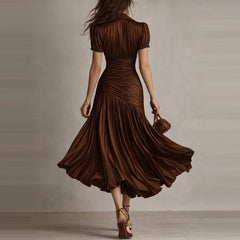 LIZAKOSHT - Temperament Lapel Short Sleeve Commute Dress Elegant Lady High Waist Pleated Dress Summer New Solid Color Simple Party Dresses