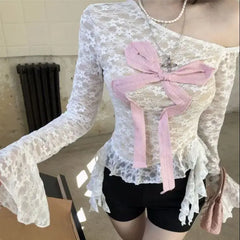 LIZAKOSHT - One Shoulder Bell Sleeve Short Asymmetric Top White Y2k Bow Lace Shirt Autumn Fashion Women