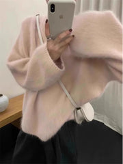 LIZAKOSHT - New Elegant Lady Autumn Winter Yellow Soft Mohair Knitted Loose Pullover Fashion Women O Neck Thick Long Sleeve Warm Sweater Top