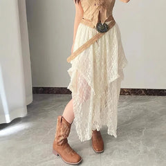 LIZAKOSHT - Elegant Fashion Vintage Chic Irregular Hem A-line Skirts Holiday Skirts for Women Vintage Ruffles Floral Kintted Lace Streetwear
