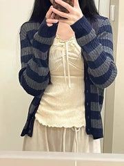 LIZAKOSHT - Sweet Women Blue Stripe Top Fashion Summer Ladies Twist Knit With V-neck Sweater Female Button - up Cardigan Sweater