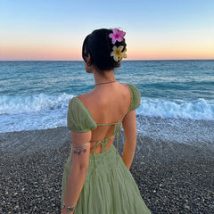 LIZAKOSHT - Summer Square Neck Short Sleeved Women's Party Dress Casual Beach Long Dresses Sexy Backless Lace Up Pleated Holiday Dress