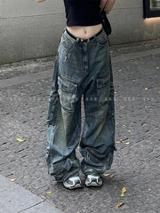 LIZAKOSHT  -  Women's Blue Cargo Jeans Harajuku 2000s 90s Aesthetic Baggy Denim Trousers Oversize Y2k Jean Pants Vintage Trashy Clothes