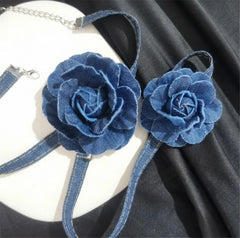 LIZAKOSHT - Vintage Blue Jean Layers Flower Chokers Necklaces for Lolita Girl Women Necklace Dress Jewelry D1396