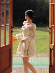 LIZAKOSHT - Dress Printed Square Neck Long Sleeve Plus Size Women'S Fat Mm French Spring And Summer Waist Slimming Cake Skirt Floral Skirt